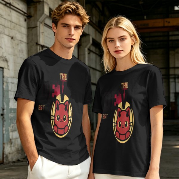 Olive T-Shirt with Red Devil Cat Graphic and The Dev Print