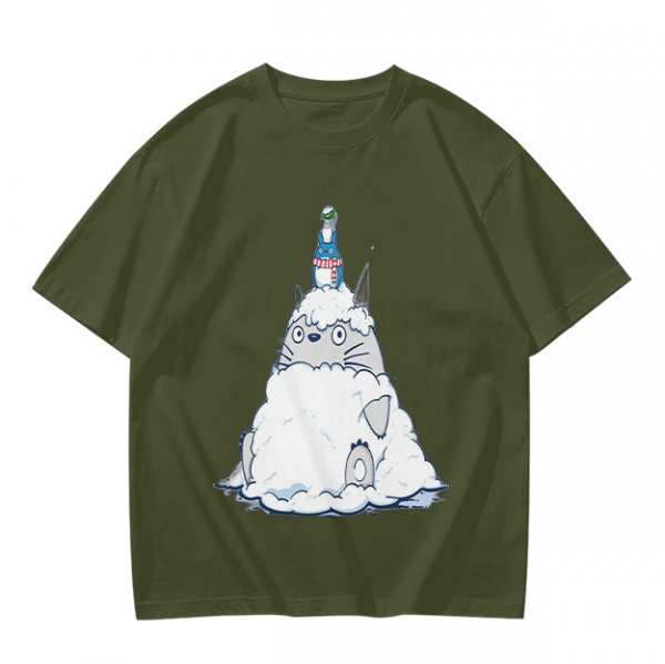 Olive T-shirt with Totoro in Snow and Small Blue Creature Print