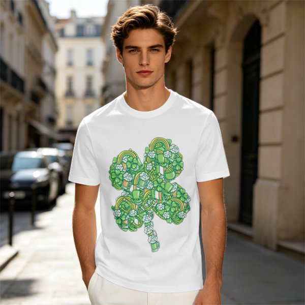 Olive Green T-Shirt With St. Patrick's Day Four-Leaf Clover Art
