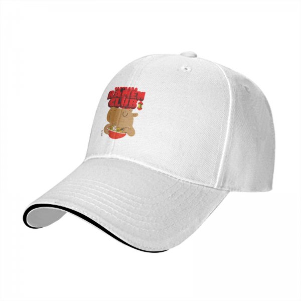 Black baseball cap with capybara eating ramen ramen club print