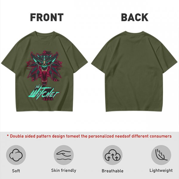Olive T-Shirt With Cyberpunk Witcher Wolf Emblem Print