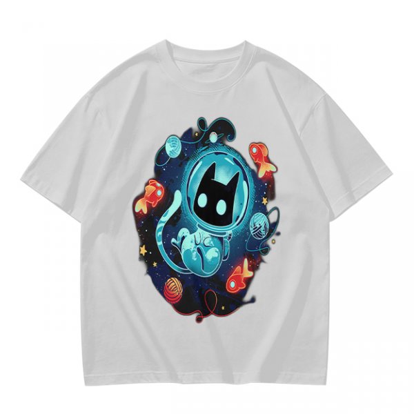 Olive t-shirt with space astronaut cat and goldfish graphic