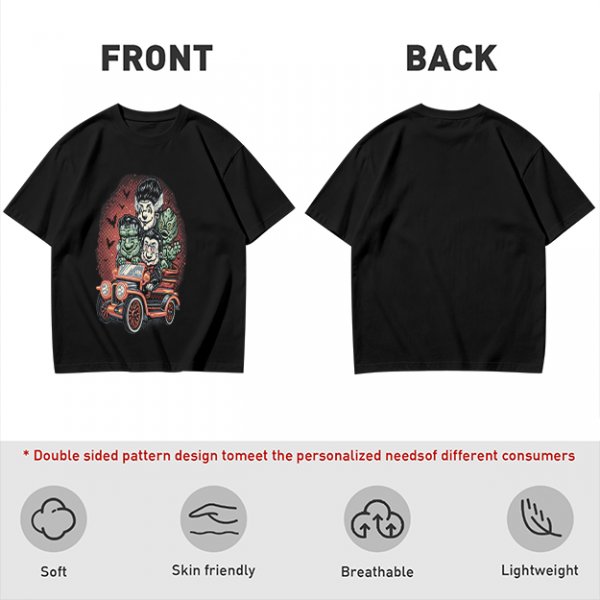 Halloween Monster Characters Driving Vintage Car Graphic T-Shirt