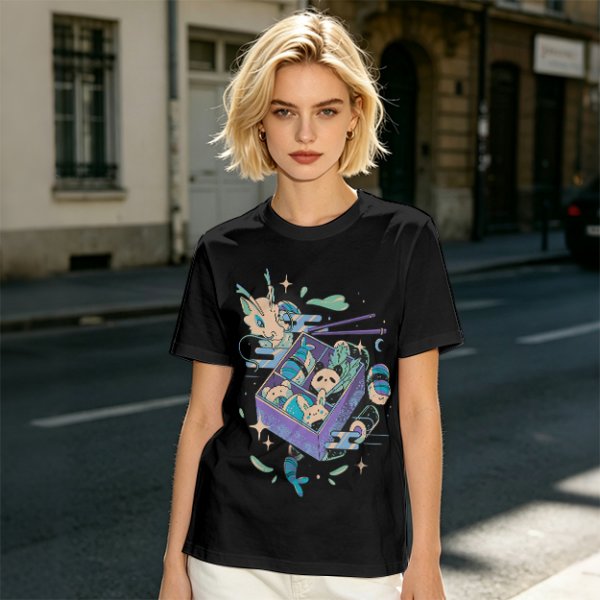 Olive t-shirt with whimsical bento box animal graphic print