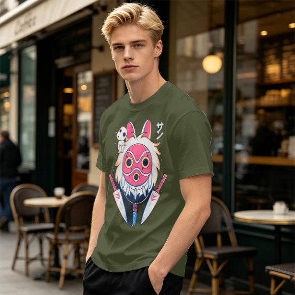 Olive T-Shirt with Princess Mononoke Mask and Kodama Print
