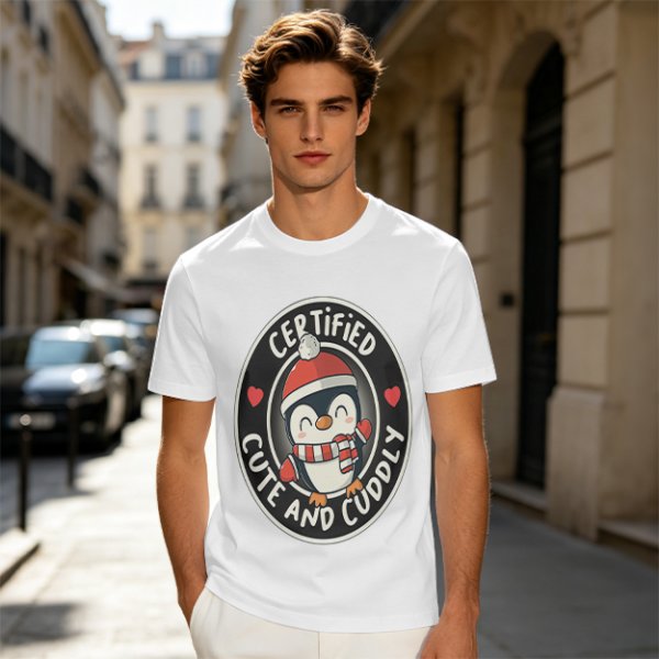 Olive T-Shirt with Cute Penguin 'Certified Cute and Cuddly' Print