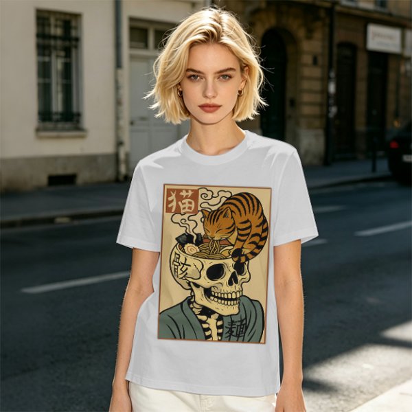 Olive t-shirt with a skull ramen bowl and a napping tabby cat print
