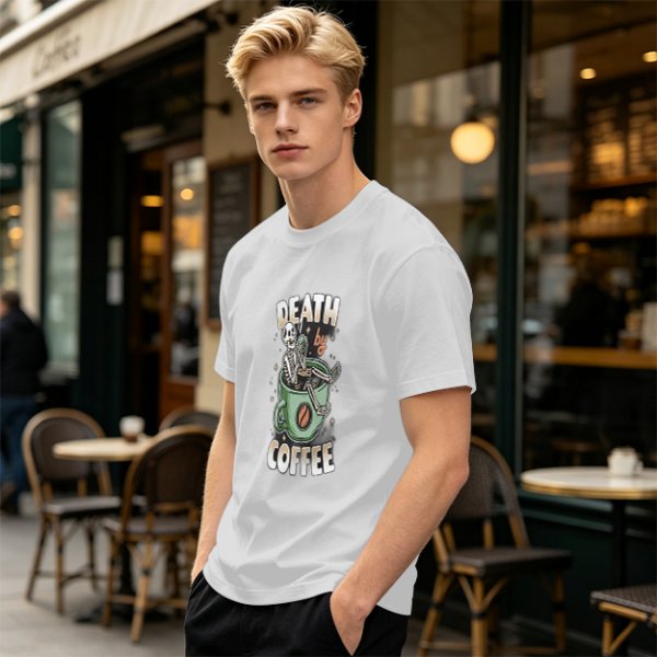 Oversized Army Green T-Shirt With 'Death By Coffee' Skeleton Print