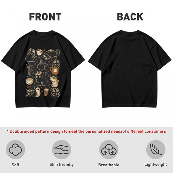Olive T-Shirt With Cute Black Cats And Coffee Themed Print