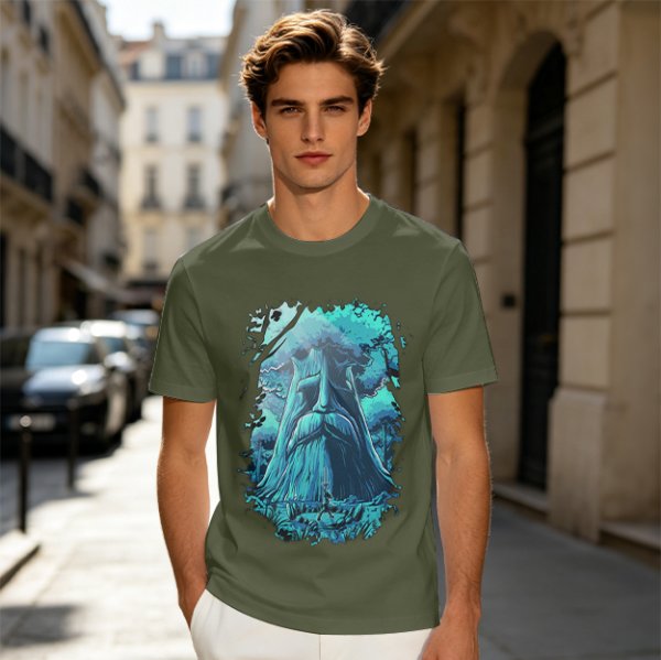 Olive Green T-Shirt With Mystical Ancient Tree Face Print