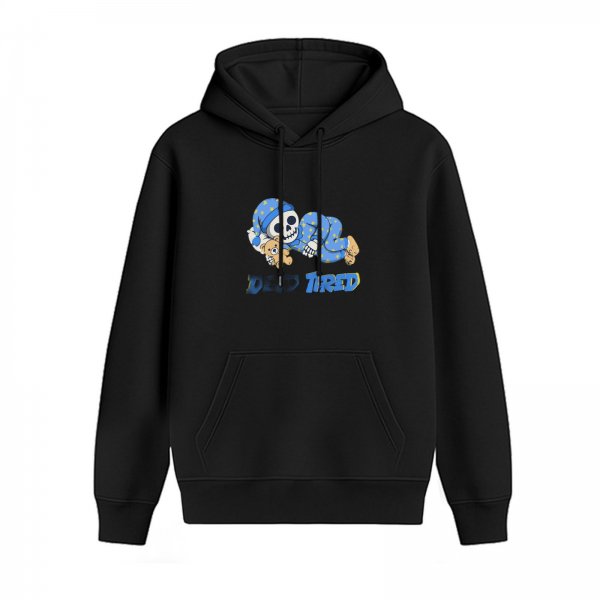 Black hoodie with sleeping skeleton graphic and 'Dad Tired' text
