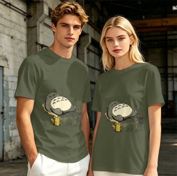 Olive T-shirt with Sleeping Totoro and Crossover Anime Characters Print