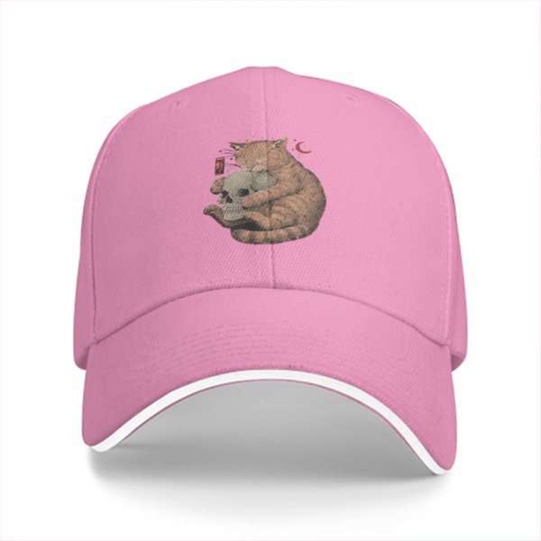 Black baseball cap with orange cat hugging skull and crescent moon print