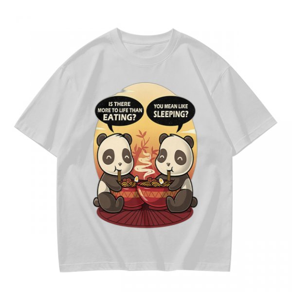 Olive t-shirt with pandas debating life beyond eating and sleeping
