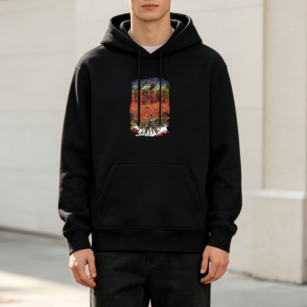 Black hoodie with fiery landscape and figure graphic print