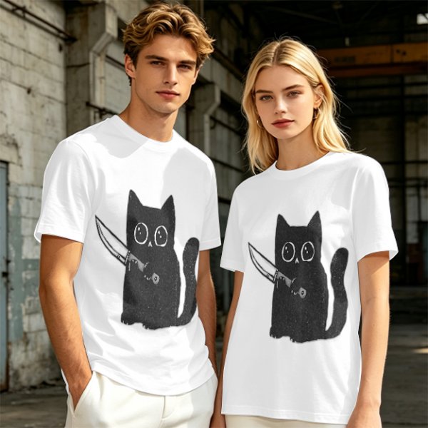 Olive T-Shirt With Cute Black Cat Holding Knife Graphic