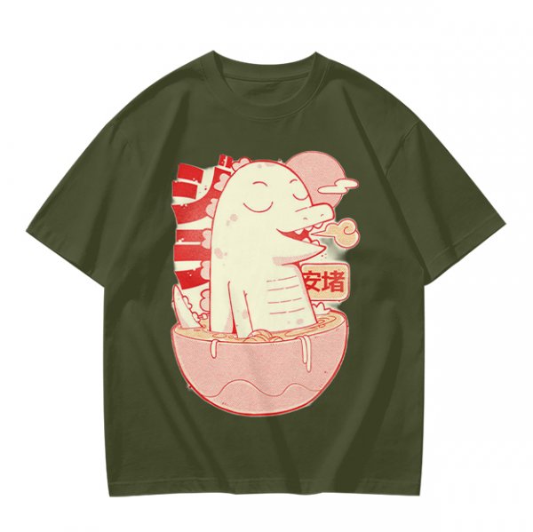 Olive t-shirt with a cartoon dinosaur in a ramen bowl graphic