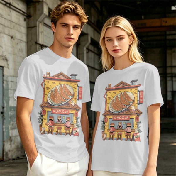 Olive T-Shirt With Cat Gyoza Restaurant Illustration
