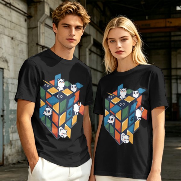 Olive T-Shirt With Cute Cats On A Rubik's Cube Graphic