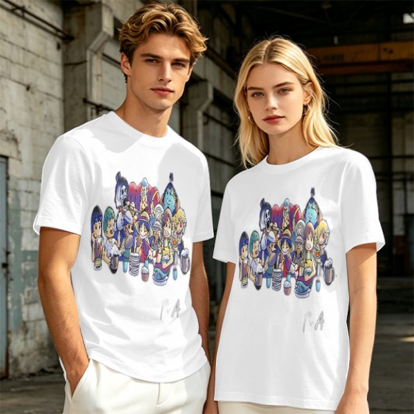 Olive T-Shirt with Anime Character Group Coffee Print
