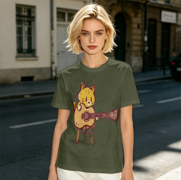 Olive T-shirt with Cute Orange Cat Playing Guitar Graphic