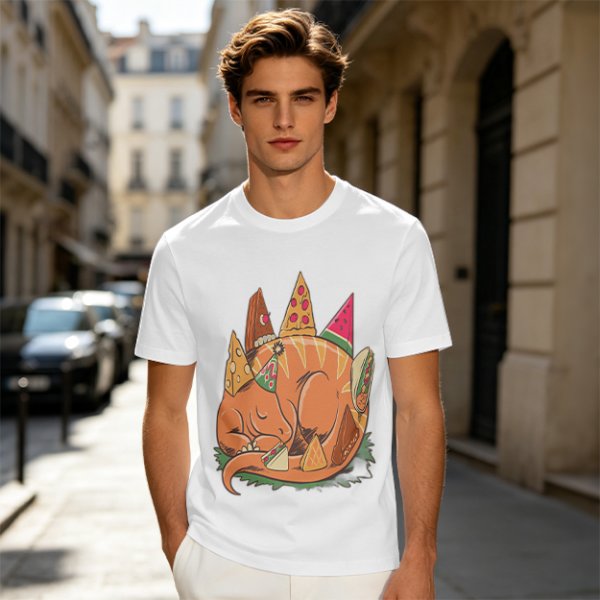 Sleeping Dinosaur Surrounded by Food Slices Graphic T-Shirt