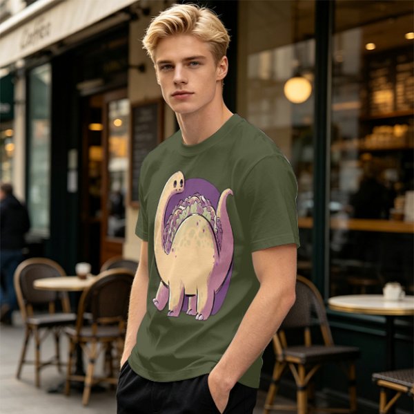 Olive T-Shirt with Cute Brontosaurus Taco Dinosaur Graphic