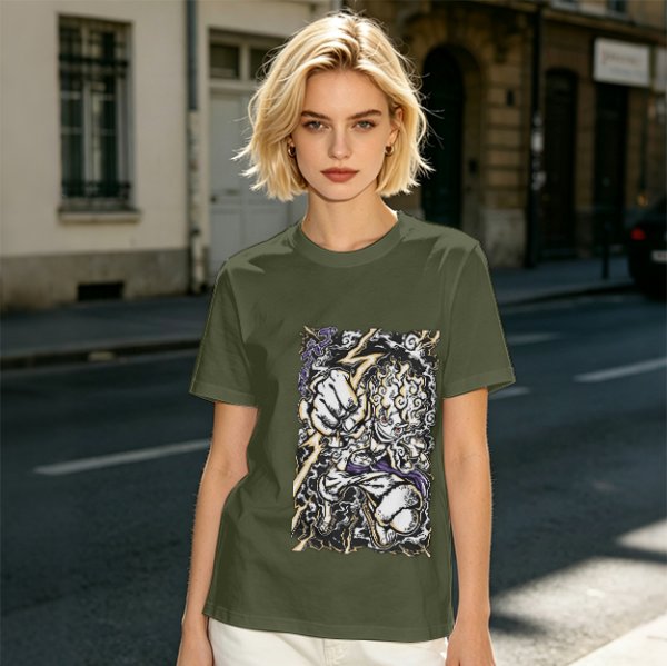 Olive Anime Graphic T-Shirt With Fist And Lightning Artwork