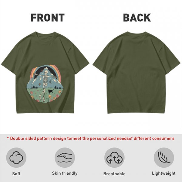 Olive T-shirt with Dancing Skeleton Mountain Rainbow Cat Graphic