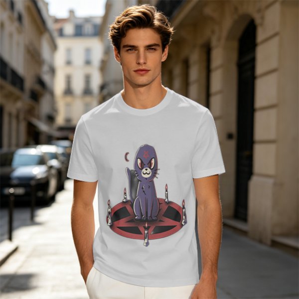 Olive T-Shirt With Purple Demon Cat On Pentagram And Candles