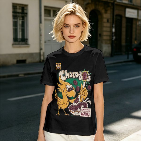 Olive t-shirt with Choco-Bo's cereal graphic featuring a yellow bird