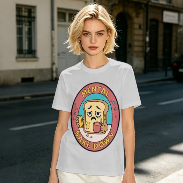 Olive T-Shirt with Sad Toast Holding Coffee and Phone Mental Bake Down Print