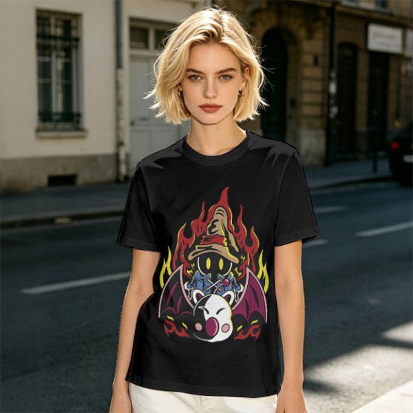 Olive T-shirt with Final Fantasy Vivi and Moogle Fire Artwork