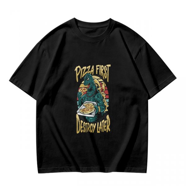 Olive T-Shirt with Godzilla Pizza First Destroy Later Print