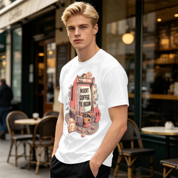 Gaming Themed T-Shirt With 'Insert Coffee To Begin' Print
