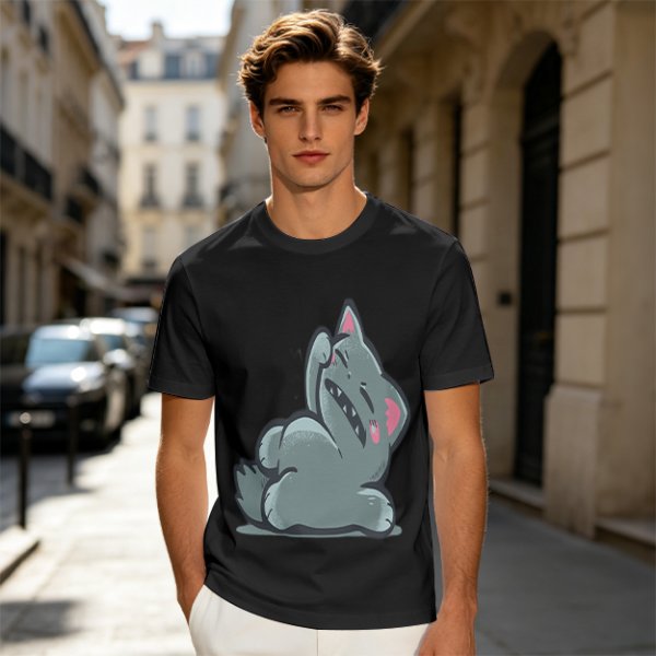 Olive T-Shirt With Embarrassed Gray Cat Graphic Print