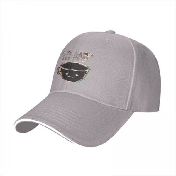 Black baseball cap with glitch coffee cup and 'I Glitch About Coffee' text