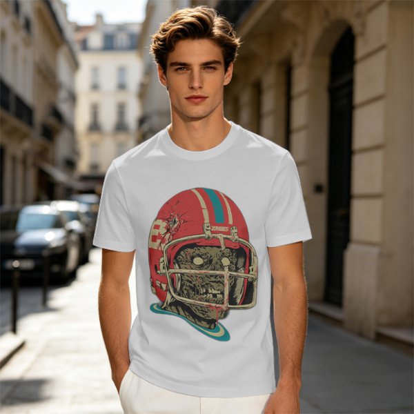 Olive T-Shirt with Zombie Football Player Helmet Graphic