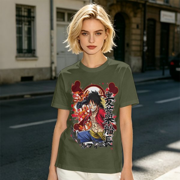 One Piece Monkey D. Luffy Graphic Print Olive T-Shirt