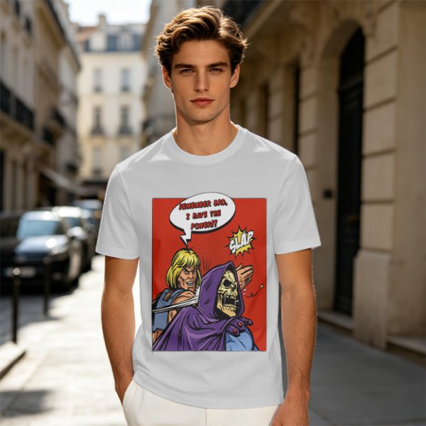 Olive T-shirt with He-Man slapping Skeletor comic print