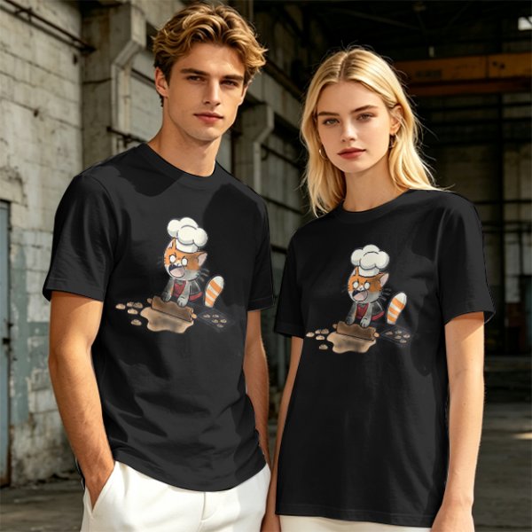 Olive T-shirt with a stressed cartoon cat baking cookies