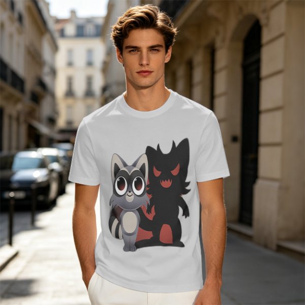 Olive T-Shirt With Cute Raccoon And Shadow Monster Graphic