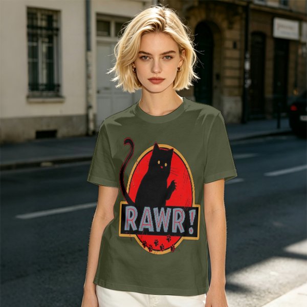 Olive T-Shirt With Black Cat Rawr Dinosaur Parody Graphic