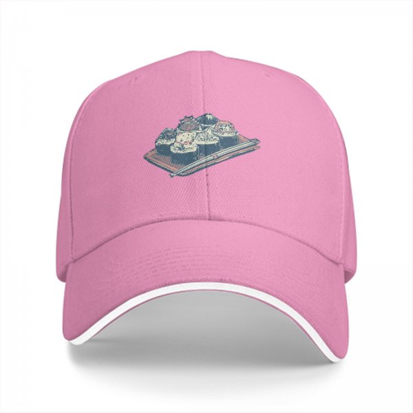 Black Baseball Cap with Sushi Tray Graphic Print