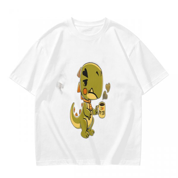 Olive T-shirt with a grumpy cartoon dinosaur holding a coffee mug