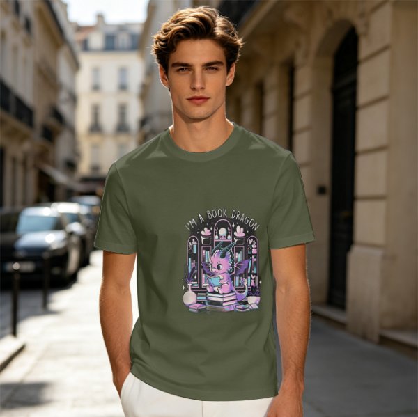 Olive t-shirt with cute book dragon reading design