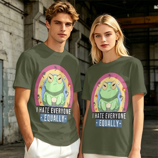 Olive T-Shirt With Grumpy Frog 'I Hate Everyone Equally' Print