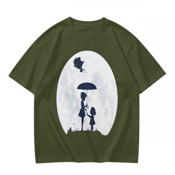 Olive T-Shirt With Moon Silhouette Of Two Children And Umbrella
