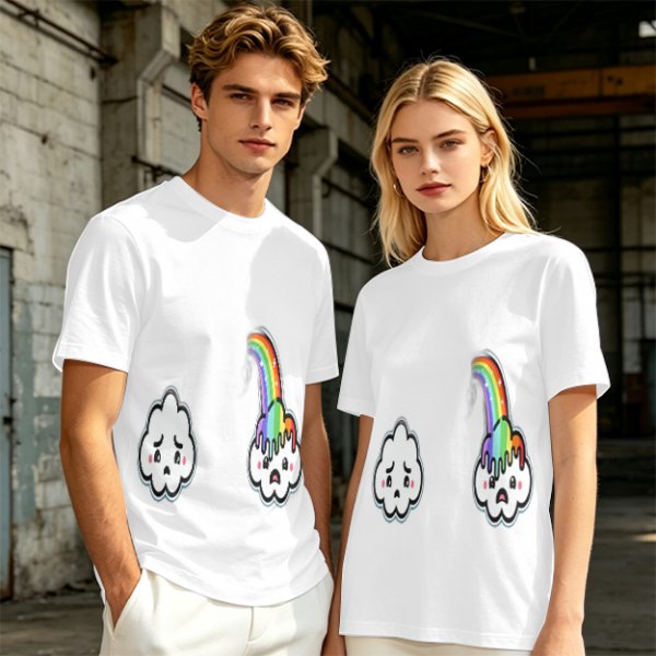 Oversized Olive T-Shirt With Sad Clouds And Rainbow Drip Graphic