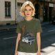 Olive Green Graphic T-Shirt with Classic Dark Car and Orange Text Print